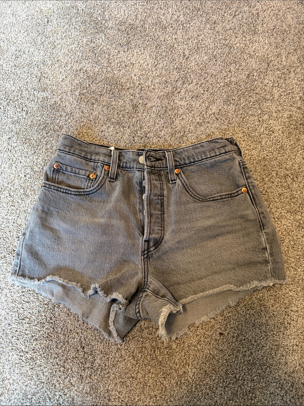 High-Rise Gray Denim Cutoff Shorts with Frayed Hem
